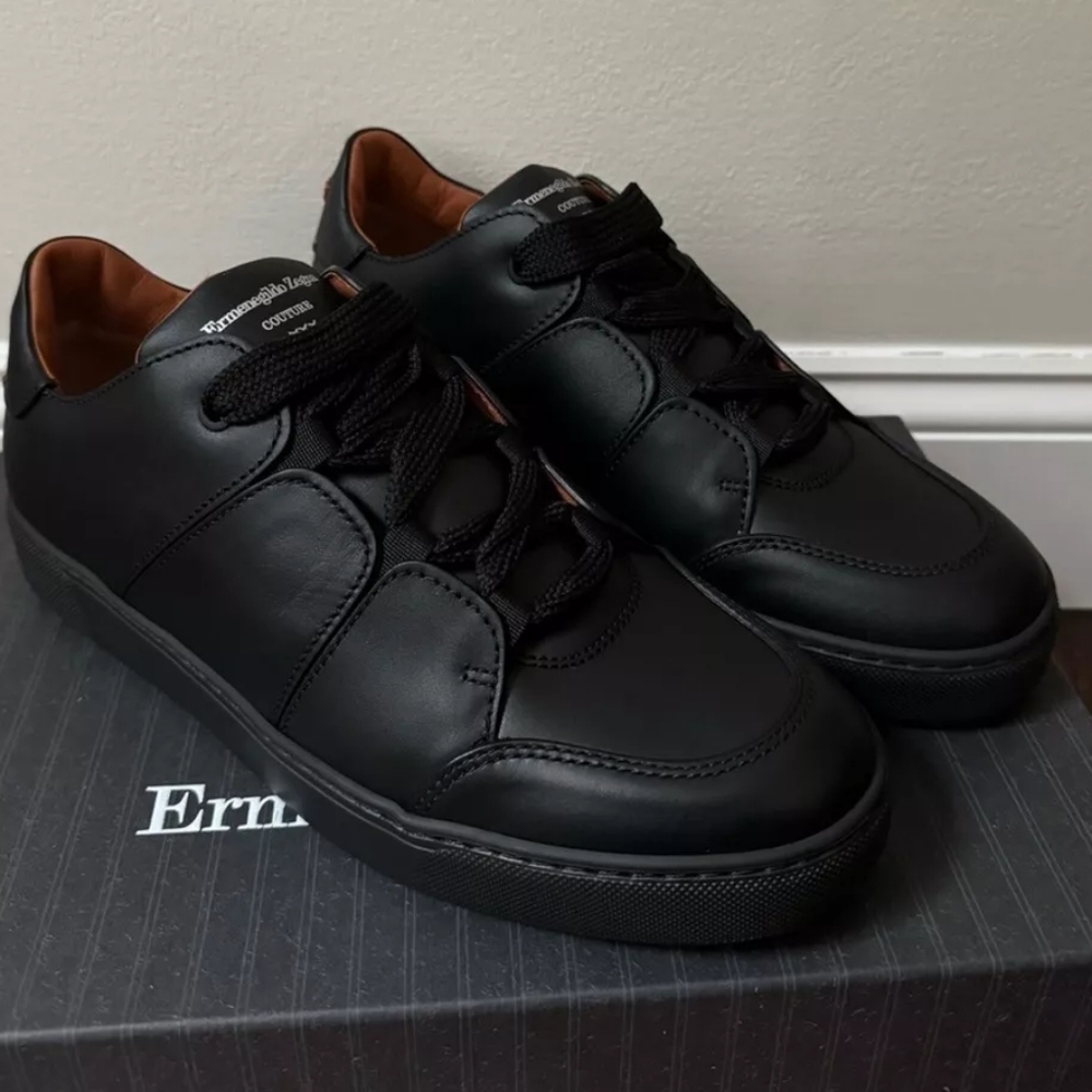 Ermenegildo Zegna Tiziano Black Pelle Leather Sneakers Men’s Size US 10